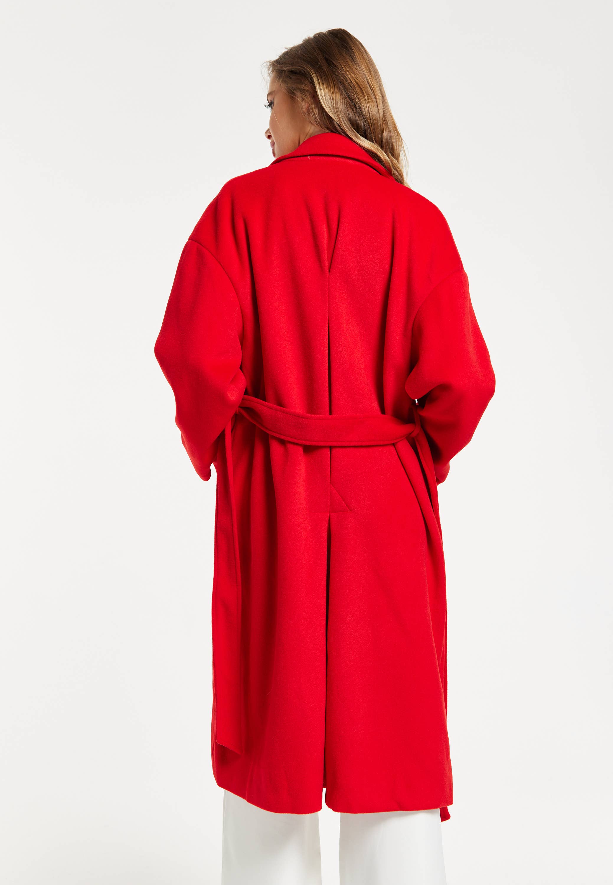Liquorish Belted Longline Coat In Red for wholesale on Faire3
