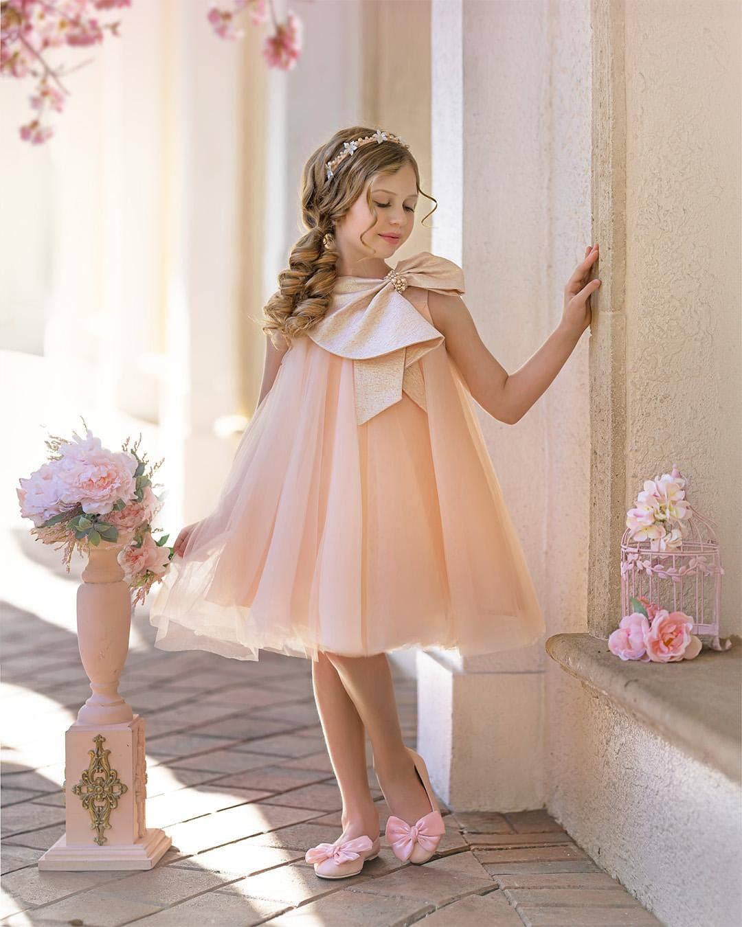 Petite Maison Kids - Vente Robe – enfant - Robe Jackie pêche en tulle à col nœud jacquard18