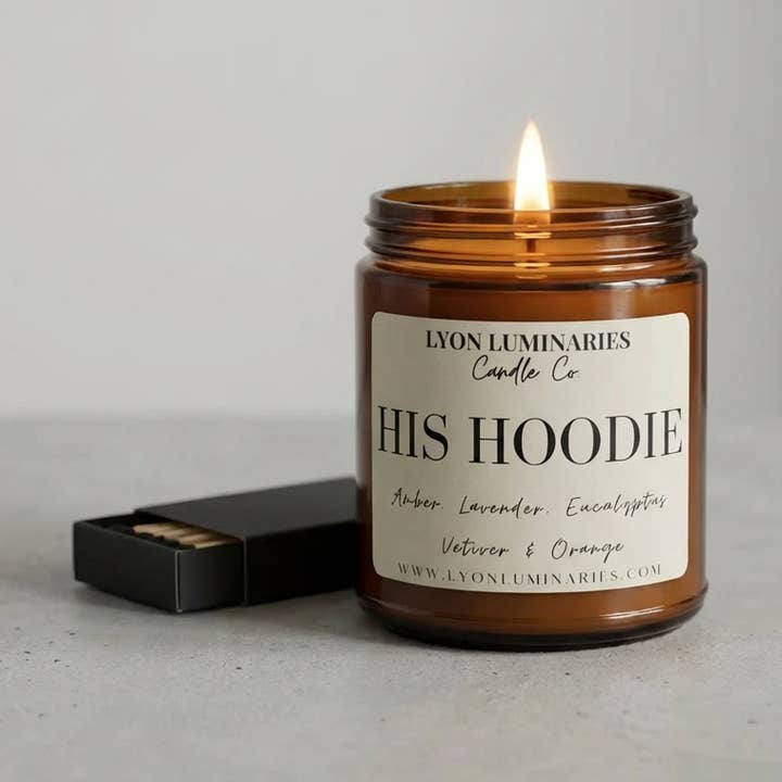 His Hoodie Soy Blend Candle for wholesale by LYON Luminaries Candle Co.