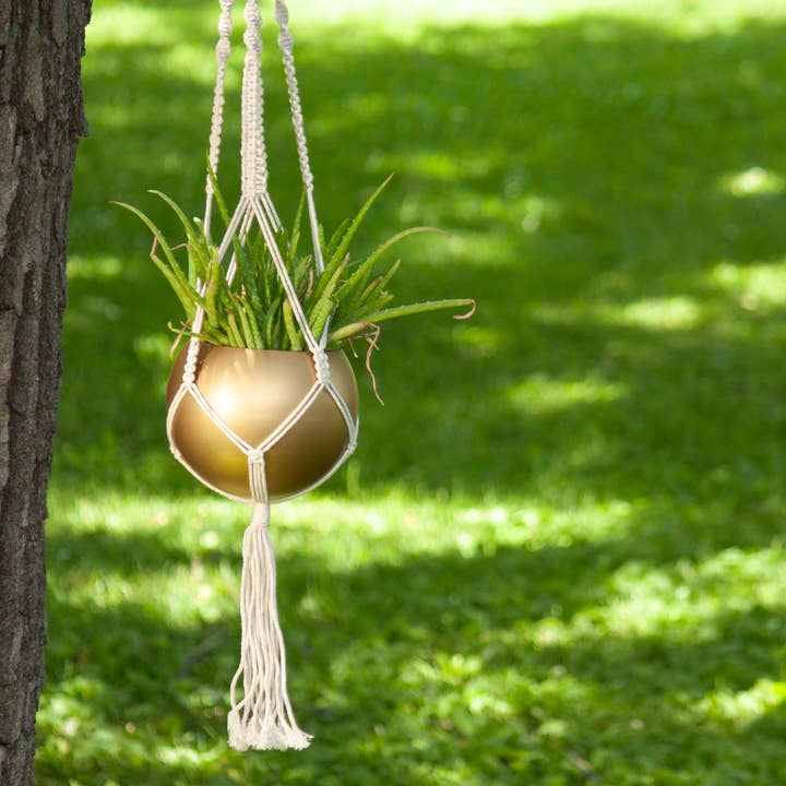 SALE - Macrame Hanging Gold Finish Round Boho Metal Planter for wholesale by Foreside Home & Garden