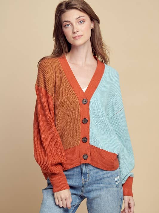 COLOR BLOCK CROP CARDIGAN - P80042 for wholesale by Petal Dew