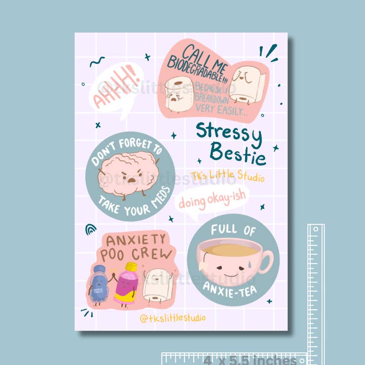 Stressy Bestie Sticker Sheet | Anxious Sticker Pack for wholesale by TK's Little Studio