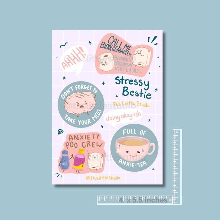 Stressy Bestie Sticker Sheet | Anxious Sticker Pack for wholesale by TK's Little Studio