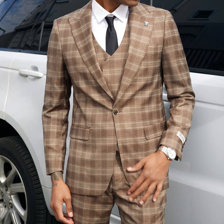 Stacy Adams Hybrid Fit Plaid Suit w/ Double Breasted Vest for wholesale by Suits America