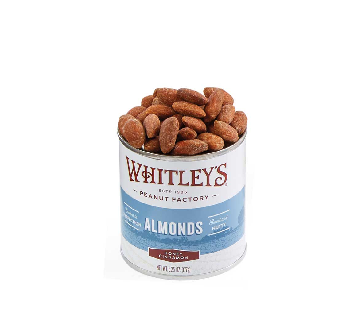 Whitley's Peanut Factory - Wholesale Nuts - 6.25 oz. Tins Honey Cinnamon Almonds