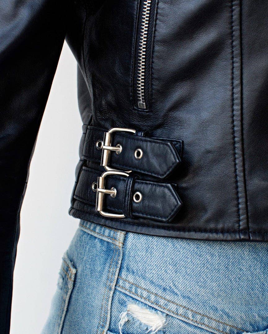 Cecilia | Black and Red Women's Leather Motorcycle Jacket for wholesale on Faire8