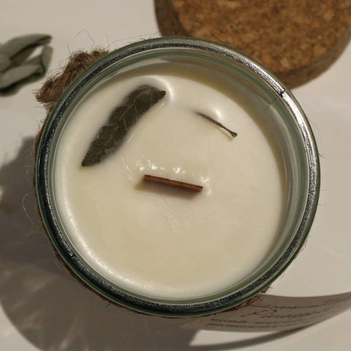 Pineapple Sage Candle | Topped with Homegrown Pineapple Sage | Non-Toxic | Eco-Friendly | Wooden Wick | Soy Wax | Recycled Glass Jar | 9oz for wholesale by Woosah Co.