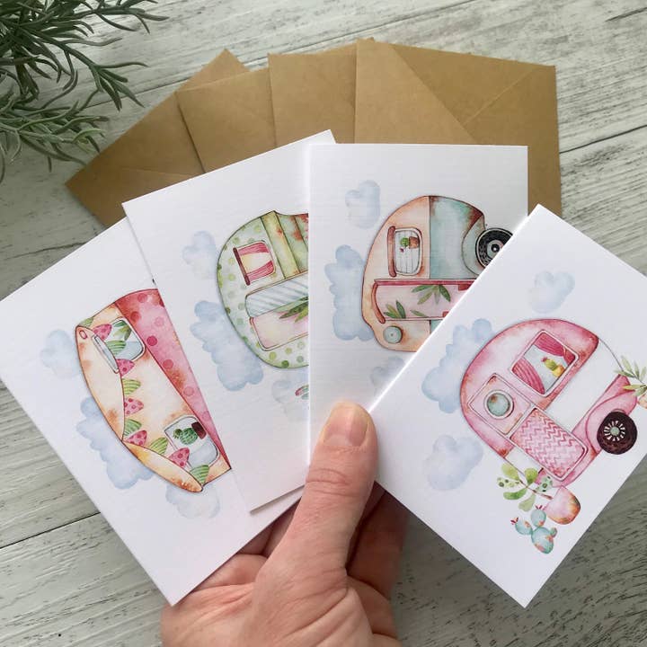 Scattered Seed Co - Wholesale Stationery/notecard set - VINTAGE CARAVANS cards set of 4 - Glamping6