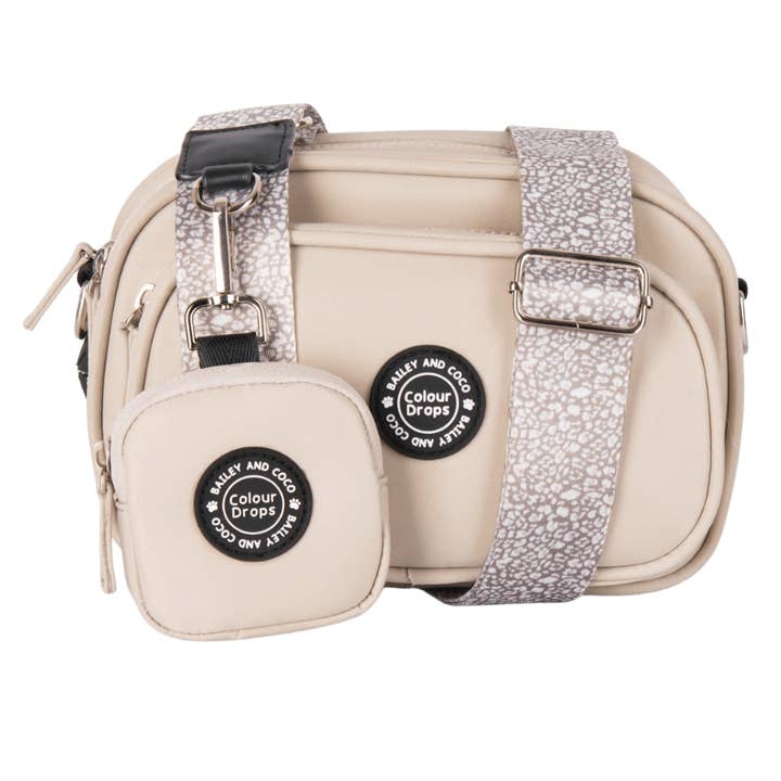 Dog Walking Bag - Latte with Mocha Leopard Strap for wholesale by Bailey and Coco