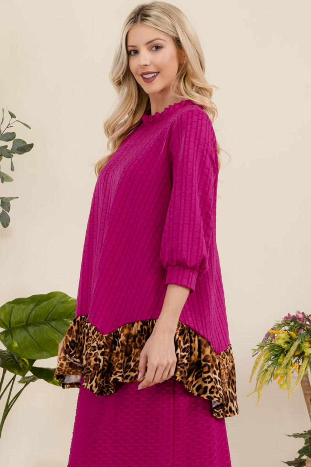 Celeste Clothing - Wholesale Tunic - Women's - HONEYCOMB TUNIC WITH ANIMAL PRINT HEMLINE -MT43916
10