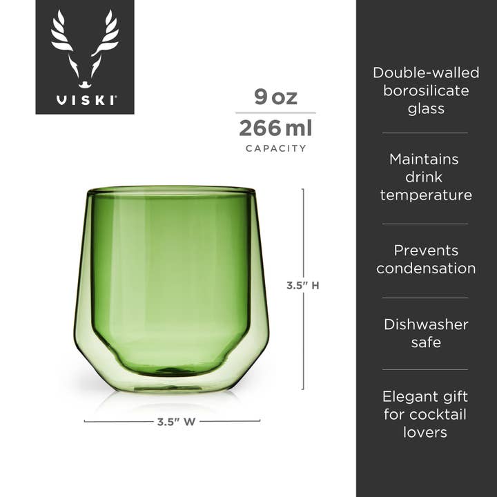 Viski - Wholesale Cocktail/Liquor Glass - Aurora Double Walled Tumblers - Bottle Green - Set of 2