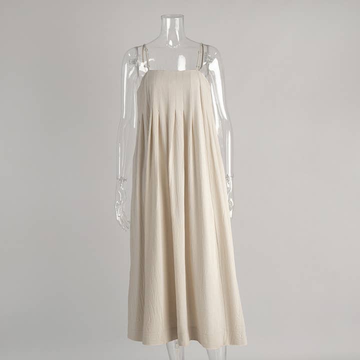 beige 2025 summer cotton front pleated large swing maxi dress for wholesale on Faire