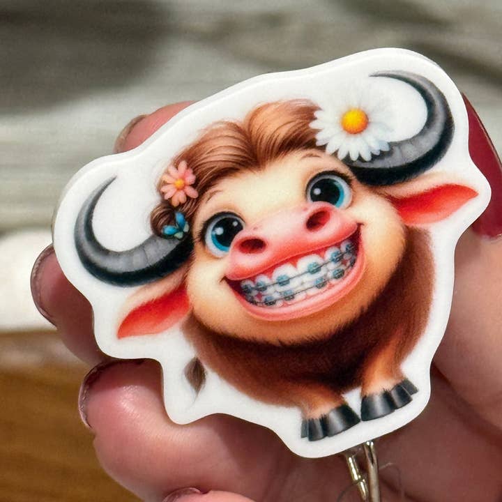 Highland Cow In Braces Retractable Badge Reel for wholesale by The KTD Collection