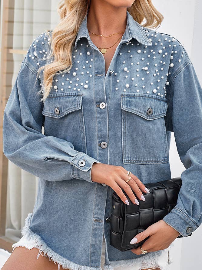 Blue Rhinestone Tassel Button Up Denim Jacket MN49 for wholesale on Faire