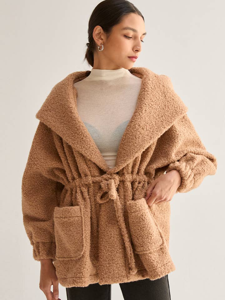 CJ9614 - Lenny Drawstring Waist Hooded Bouclé Jacket for wholesale by Crescent