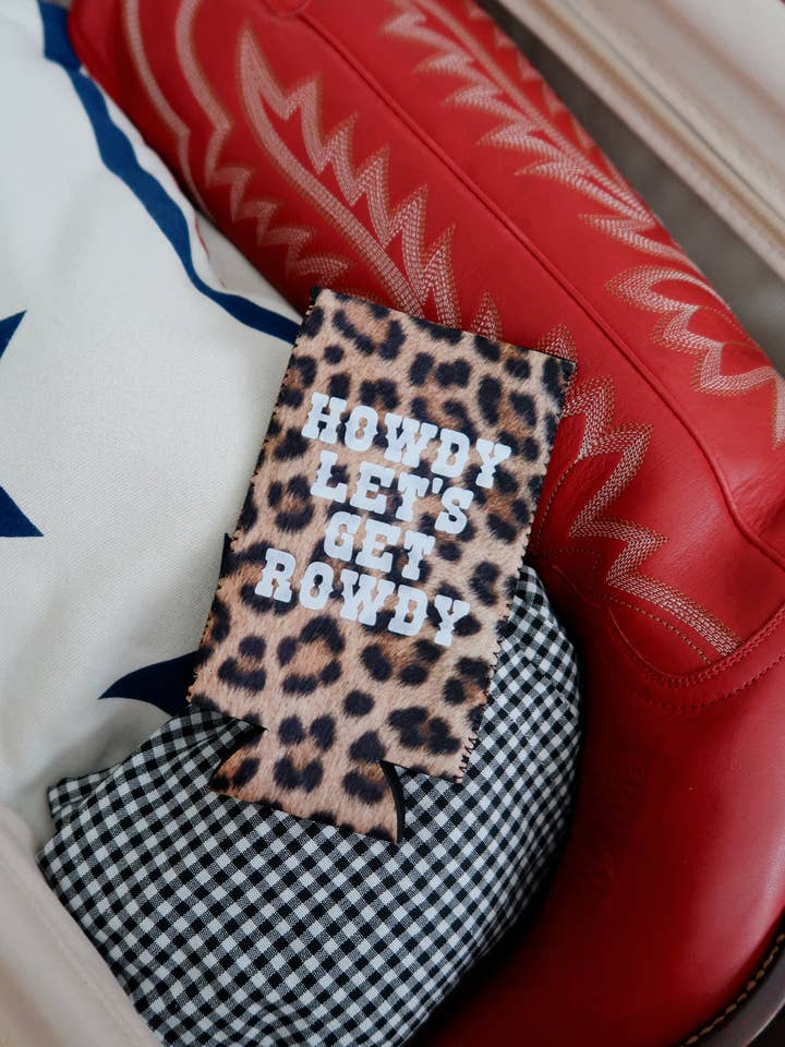 Howdy Let's Get Rowdy- Leopard Slim Can Cooler for wholesale by Ruby Moon
