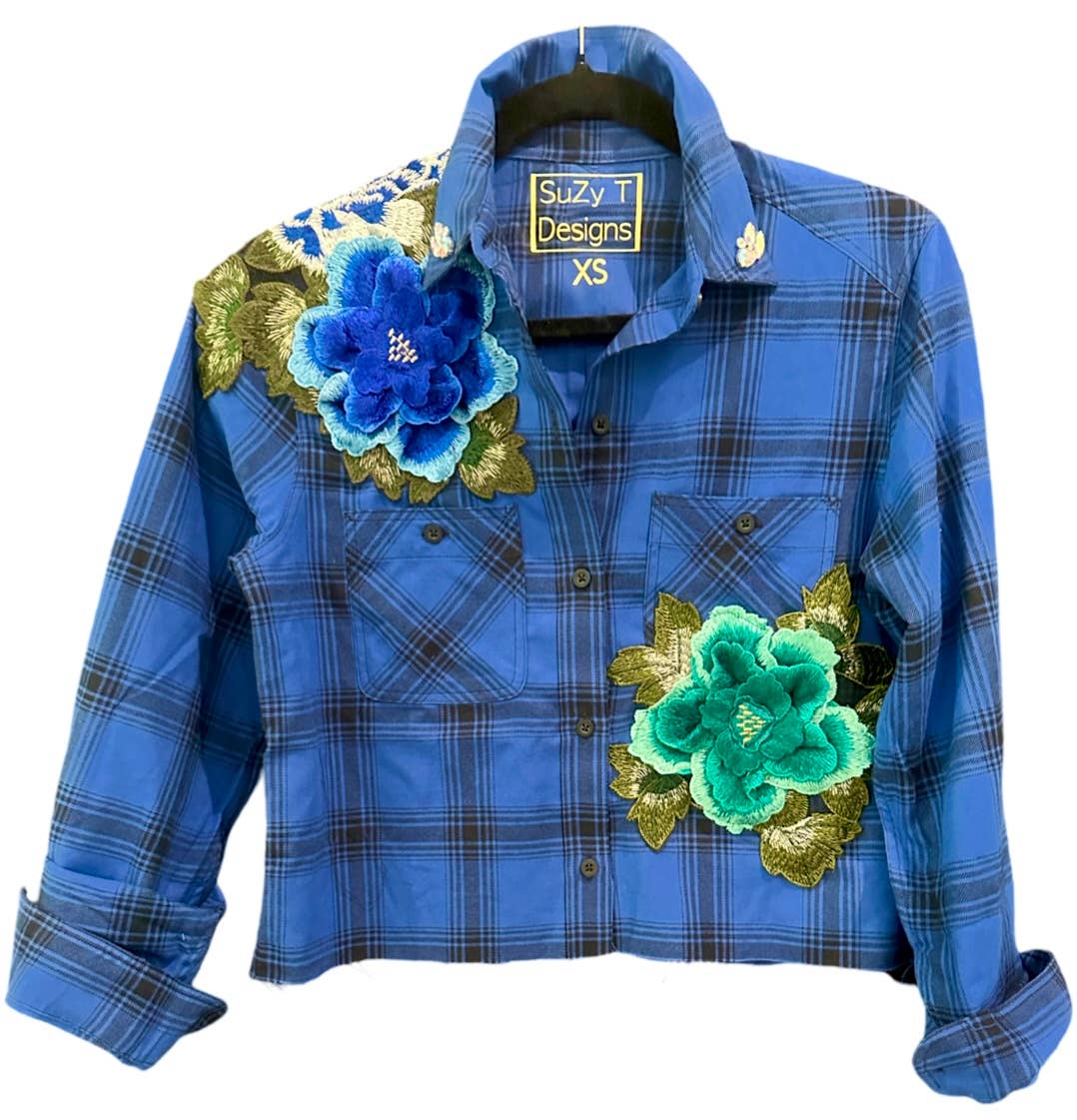 Suzy T Designs - Wholesale Blouse - Women's - Blue & Black Flannel Cropped Blouse with 3-D Flowers-LOVE!0