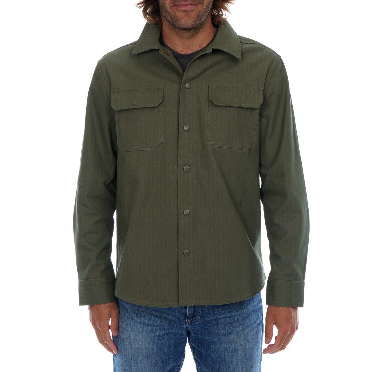 PX - Wholesale Button Down Shirt - Men's - Hassan Olive Cotton Tonal Herringbone Sna Work Shirt Shacket6