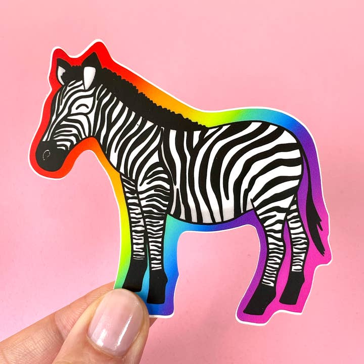 Regenbogen-Zebra-Aufkleber aus wasserdichtem Vinyl für den Großhandel von quirky burp illustrations