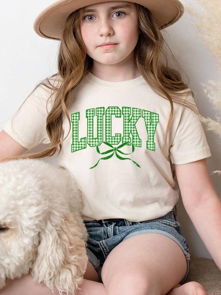Lucky Gingham Bow Kids Graphic Tee for wholesale by COLORBEAR