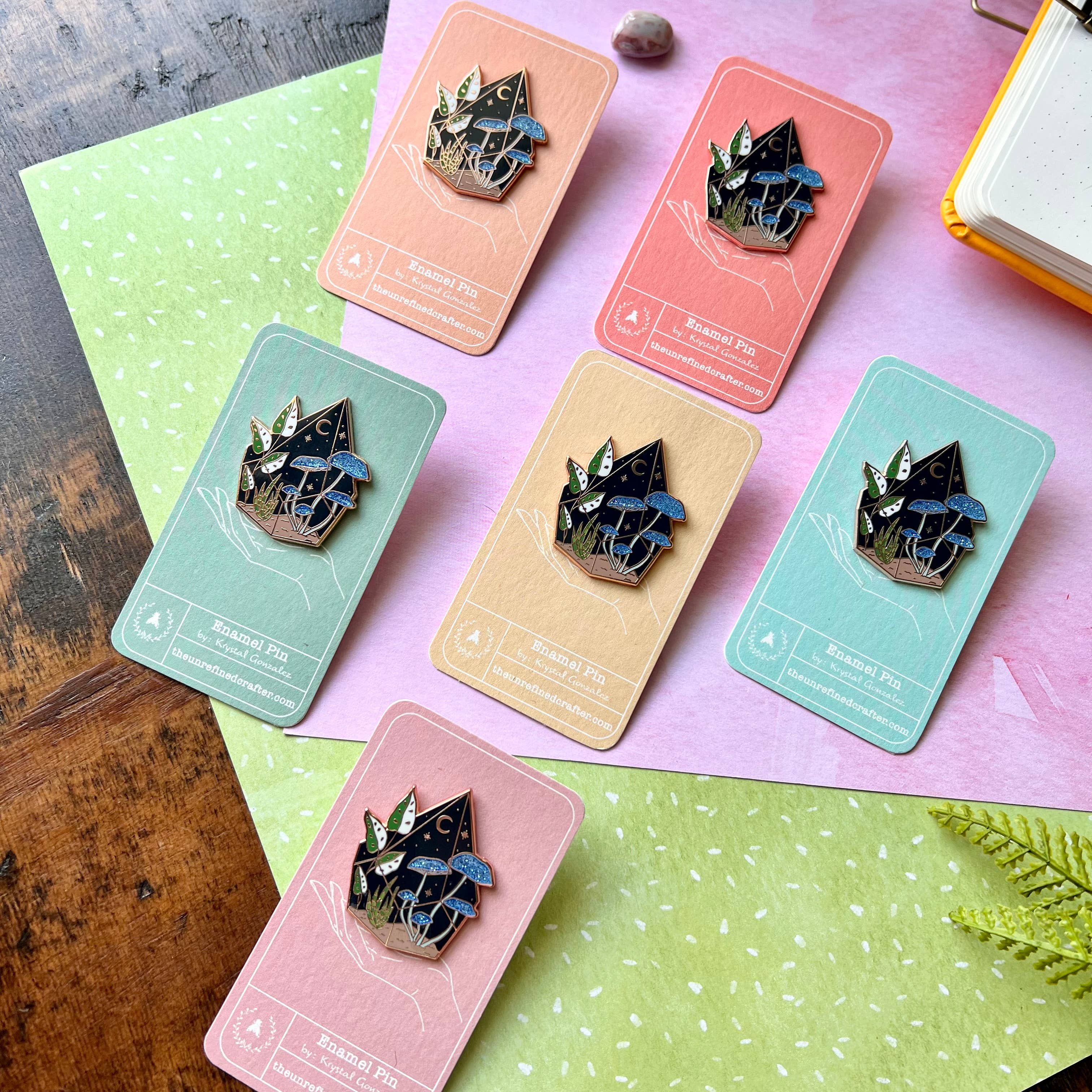 The Unrefined Crafter - Wholesale Lapel Pin/Button - Blue Mushroom Terrarium Enamel Pin3