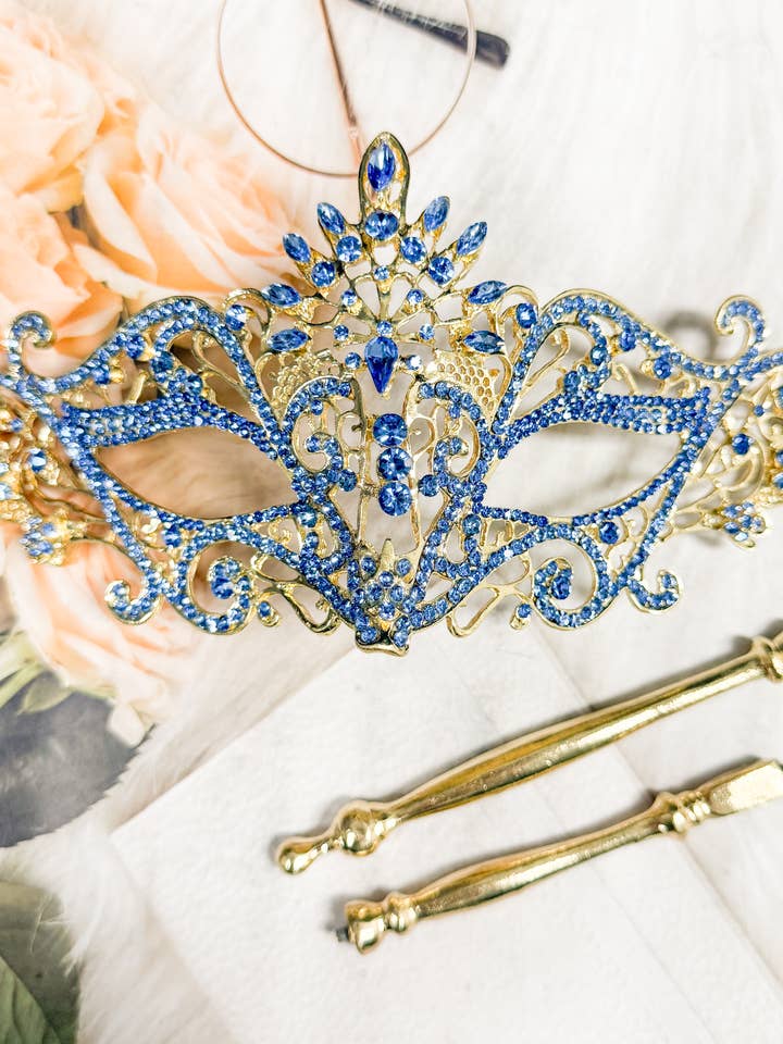 Happy Dream Gifts – wholesale Dräkt – Dam – Blå sten handhållen maskeradmask, guldmaskeradmask