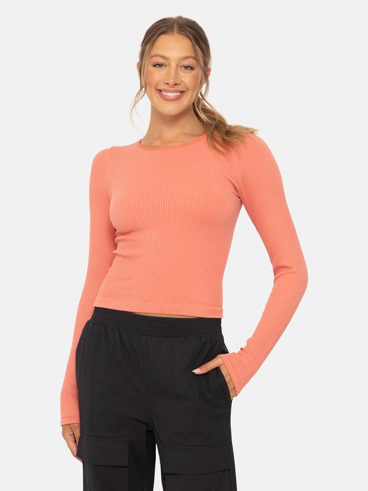 Mono B - Wholesale Knit Top - Women's - Seamless Ribbed Long Sleeve Top