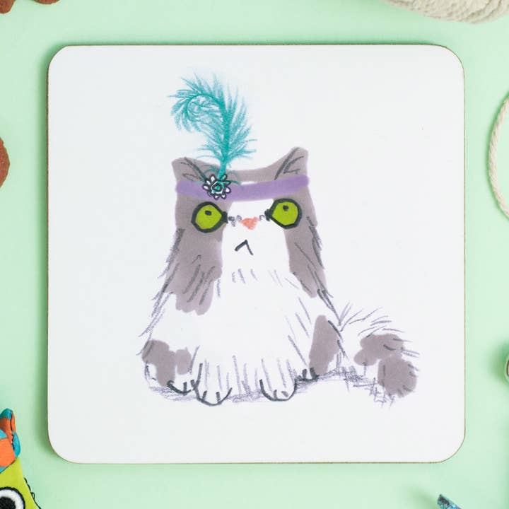 Katt i fjäder hatt Coaster för wholesale av Jo Clark Design