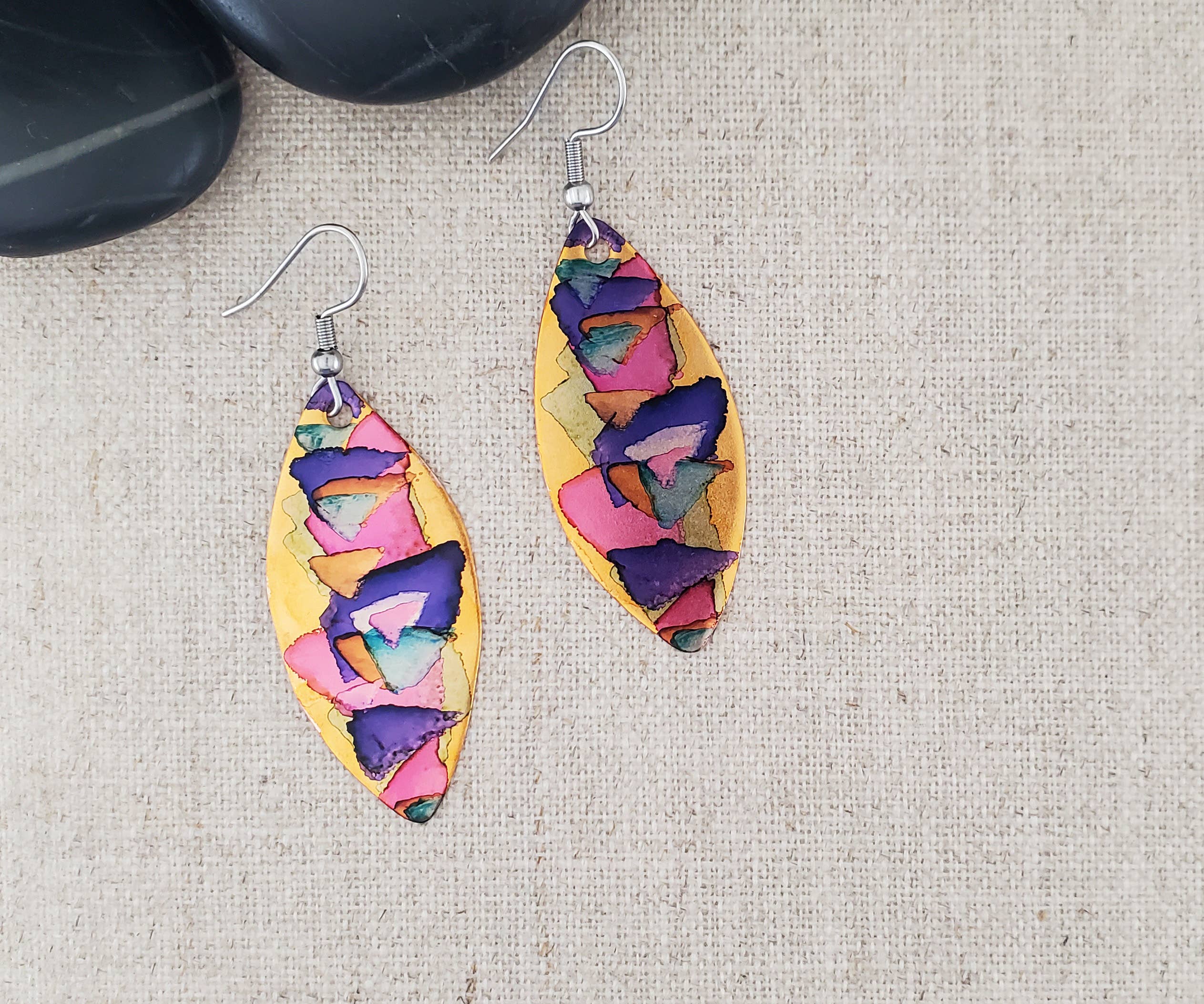 Covaly Artisan Jewelry - Wholesale Dangle Earrings - Alcohol Ink Thin Oval Earrings2