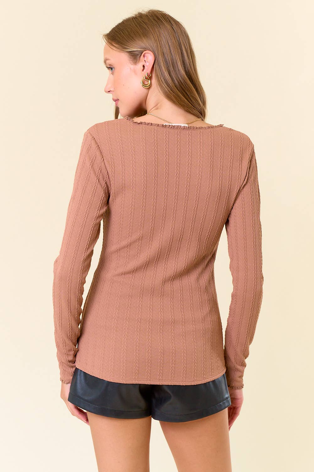 Doe and Rae - Wholesale Knit Top - Women's - Knit Lace Trimmed V-Neck Long Sleeve Tee - 44715T3