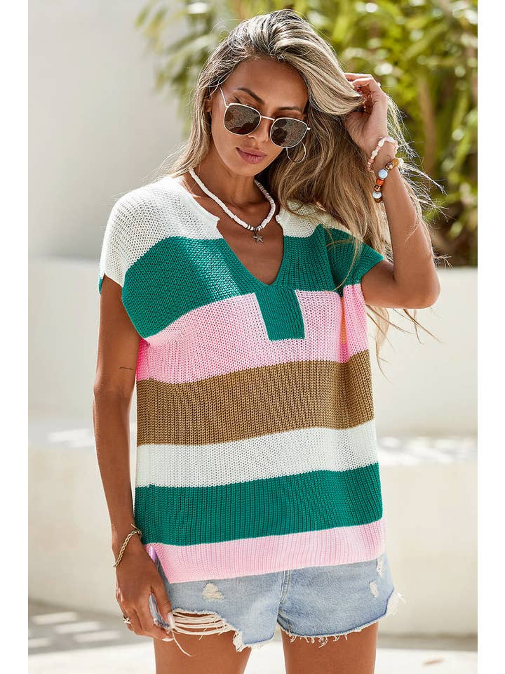 Little Daisy Closet - Wholesale Knit Sweater - Women's - LDC Color Block Notch V Neck Sweater T Shirt