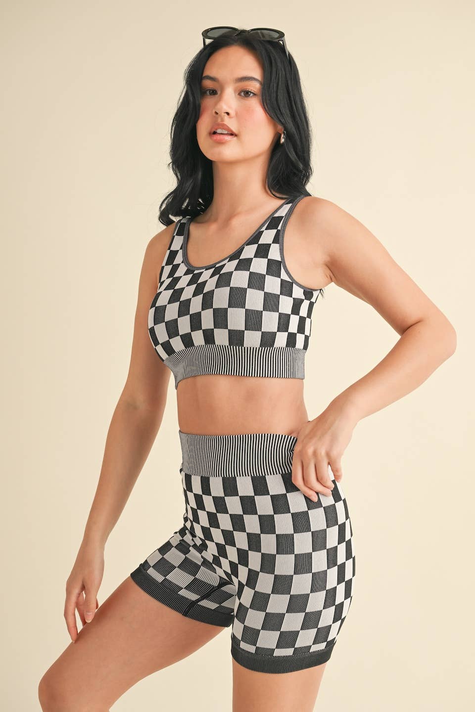 KIMBERLY C - Wholesale Activewear Set - Women's - Checkmate Cropped Two Piece Set13
