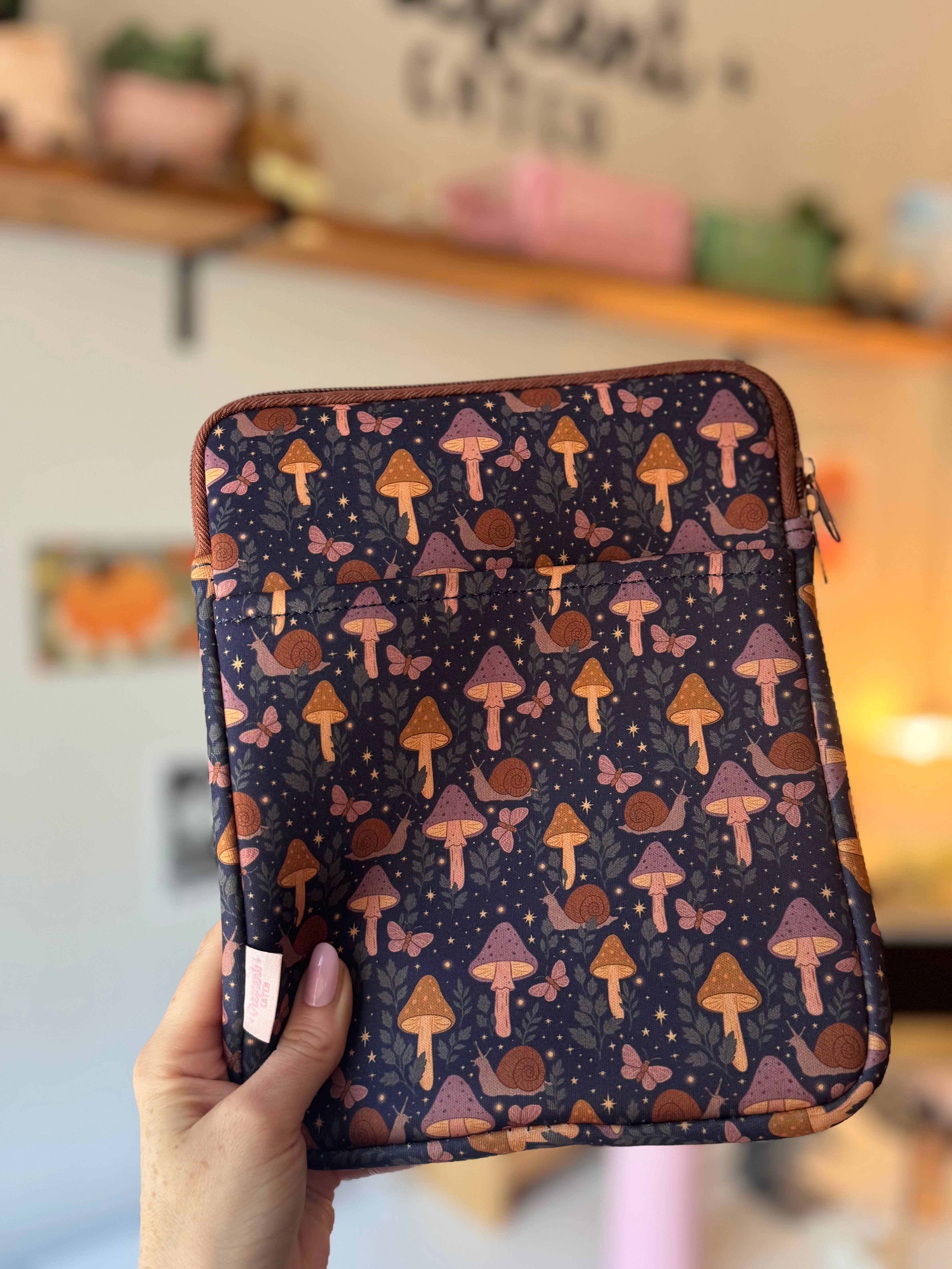 CrescentCatCo - Wholesale Book Cover - Cottagecore Mushroom Book & Kindle Pouch, Zipper and Pocket