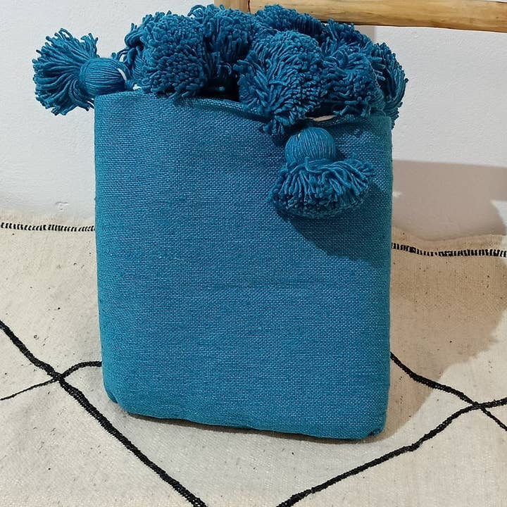 HandmadeBestSeller - Wholesale Throw Blanket - Handwoven Teal Moroccan Cotton Blanket with Pom Poms