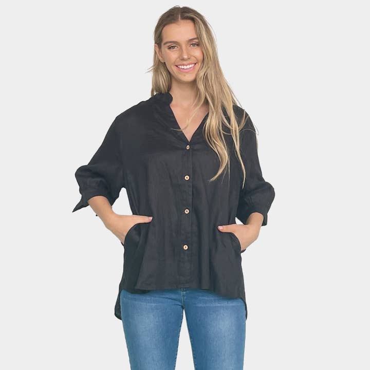 Linnen overhemd met knoopsluiting met hoge lage zoom ZWART voor wholesale door Amyic