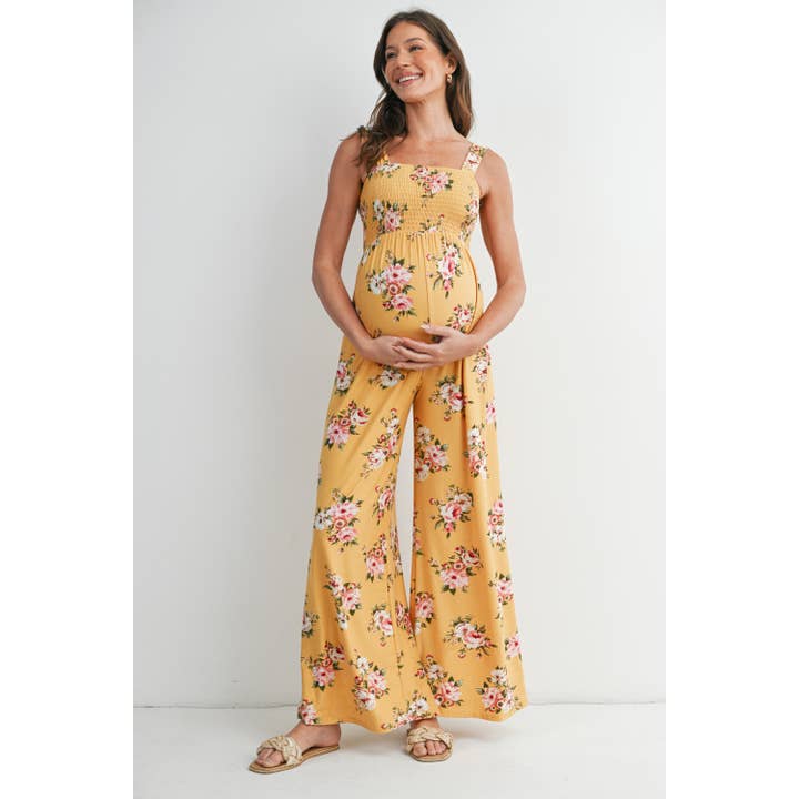 Wide Leg Floral Maternity Jumpsuit with Smocked Bodice for wholesale by Hello Miz