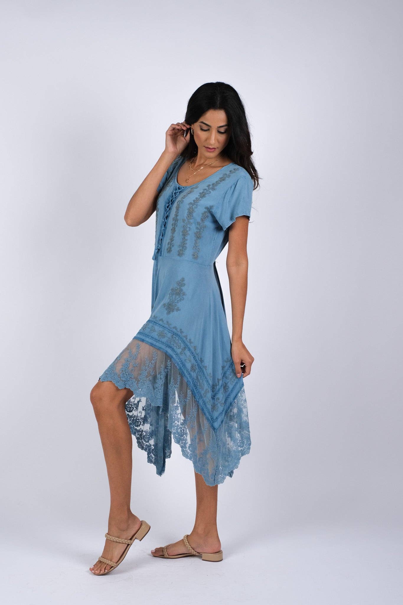 Sacred Threads - Wholesale Dress - Women's - Embroidered Artisan Blue Dress with Lace5