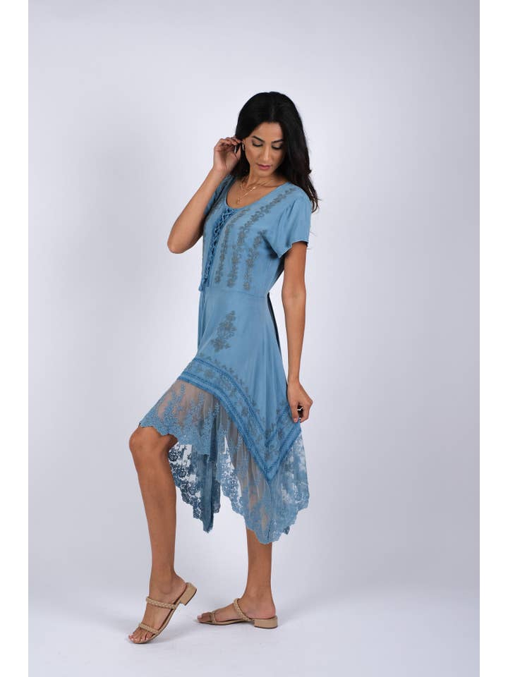 Sacred Threads - Wholesale Dress - Women's - Embroidered Artisan Blue Dress with Lace5