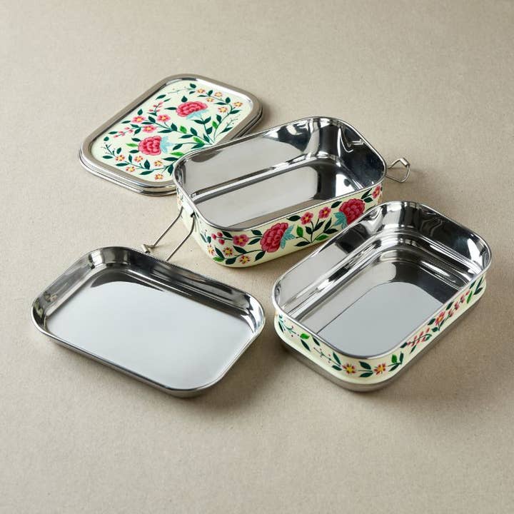 Dalit Goods Co - Wholesale Lunch bag/box - Tiffin Style Lunch Box | Pink & Ivory Flowers1