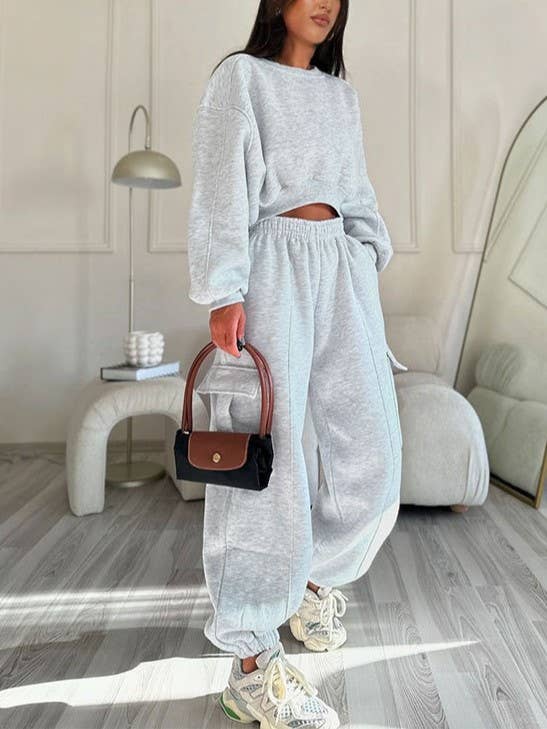 Rosa Clothing - Wholesale Top & Pant Set (NOT Loungewear) - Women's - R-Neck Cropped Sweatshirt Pocket Baggy Sweatpants Set