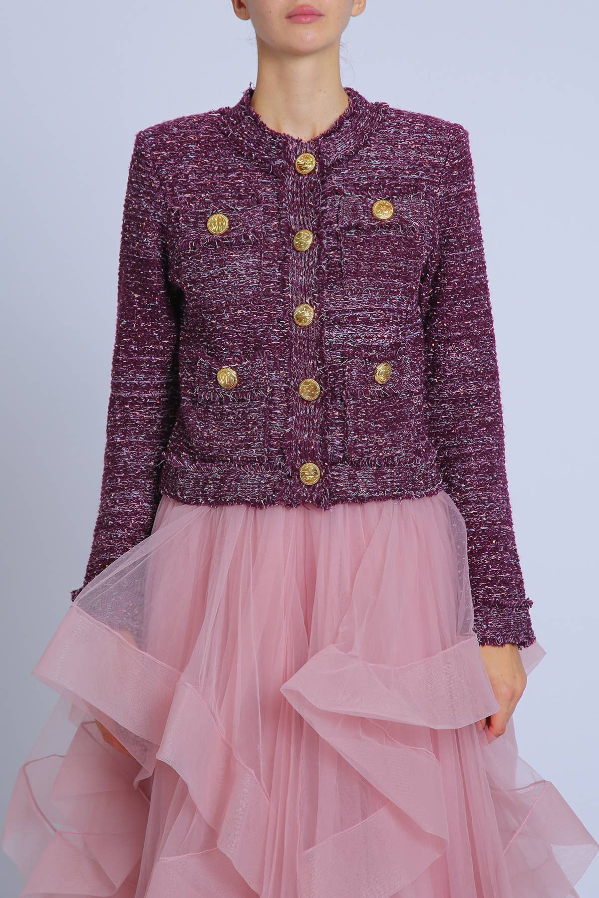 Plum Fringe Trim Detail Tweed Jacket PC4187 for wholesale on Faire0