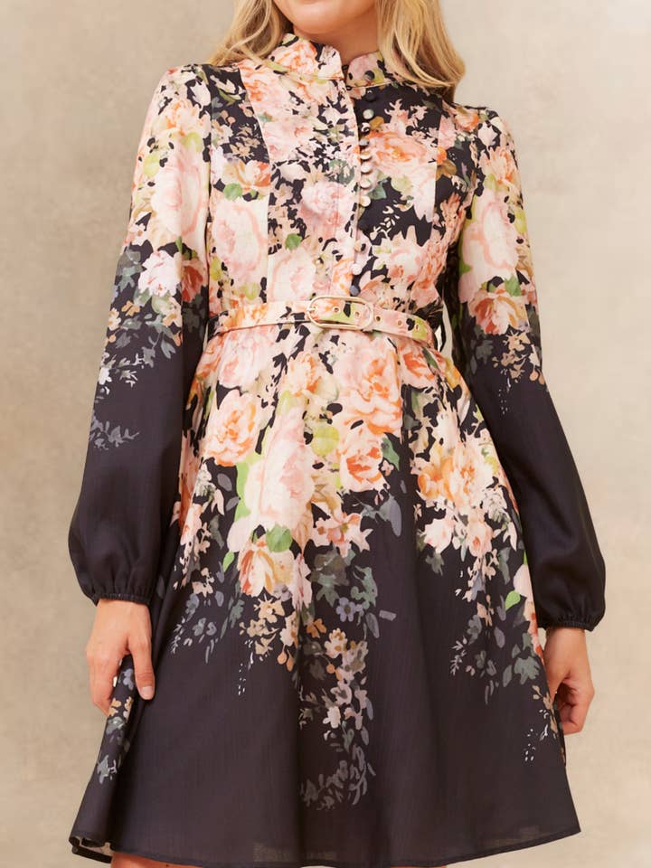 Isabella Floral A-Line Black Dress Vintage-Inspired Long Sleeve Belted Dress Women for wholesale by ANNICK