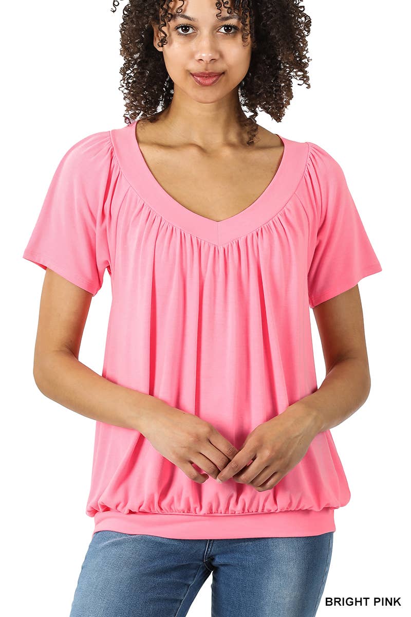 42POPS - Wholesale Blouse - Women's - ",.SHIRRED V-NECK SHORT SLEEVE TOP19