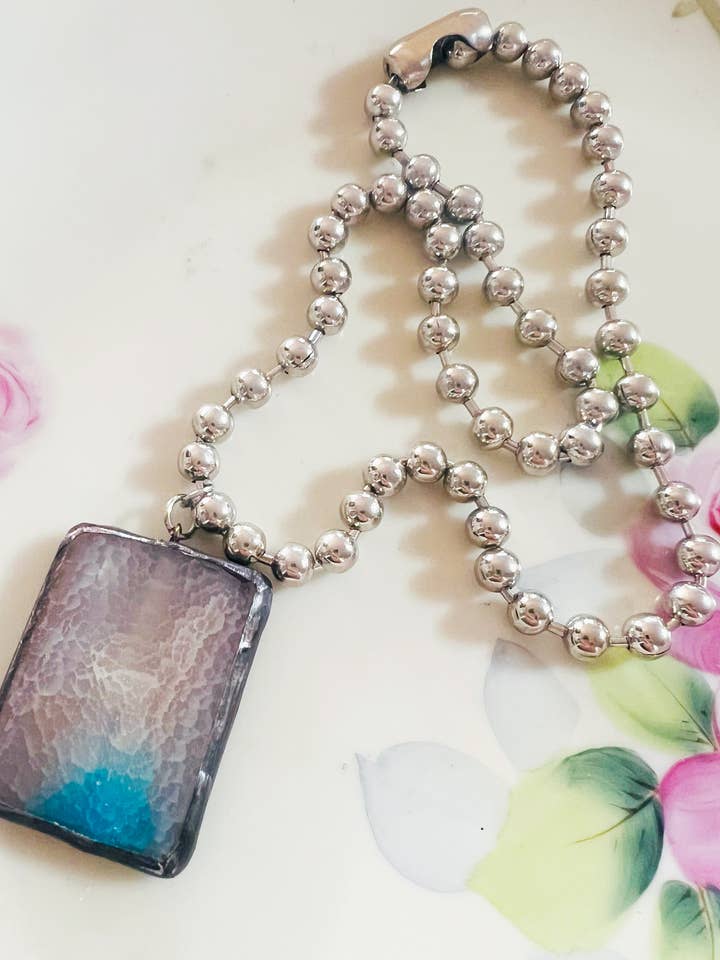 Soldered Ice Blue Agate Stone Drop Ball Chain Necklace for wholesale by Vintage Bliss