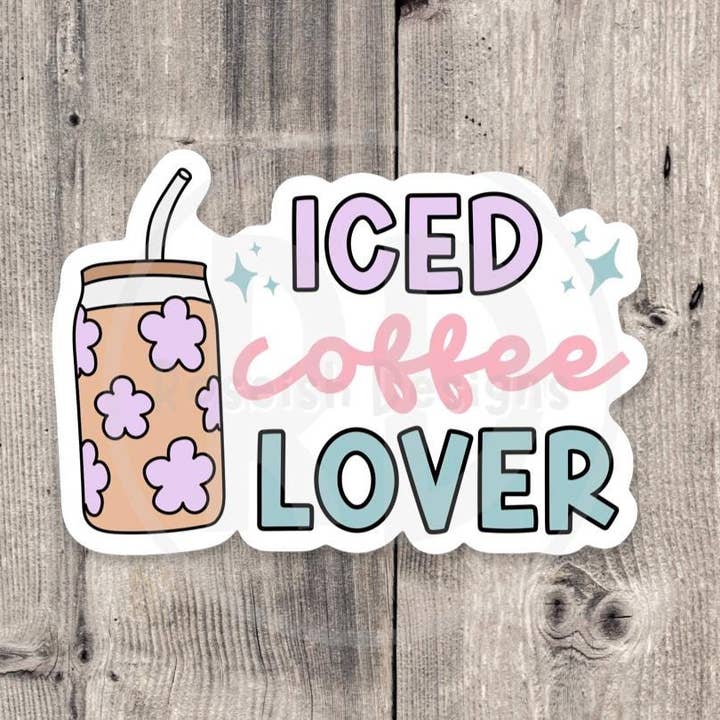 Iced Coffee Lover Water bottle Sticker, Pastel Coffee Cup Sticker, Cute Floral Vinyl Sticker, Coffee Gift for Her, Laptop Sticker for wholesale by Roseish Designs