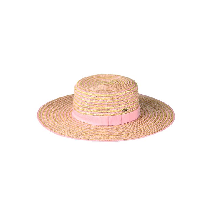 Hana - Wholesale Straw Hat - Women's - C.C Stripe Pattern Straw Boater Sun Hat