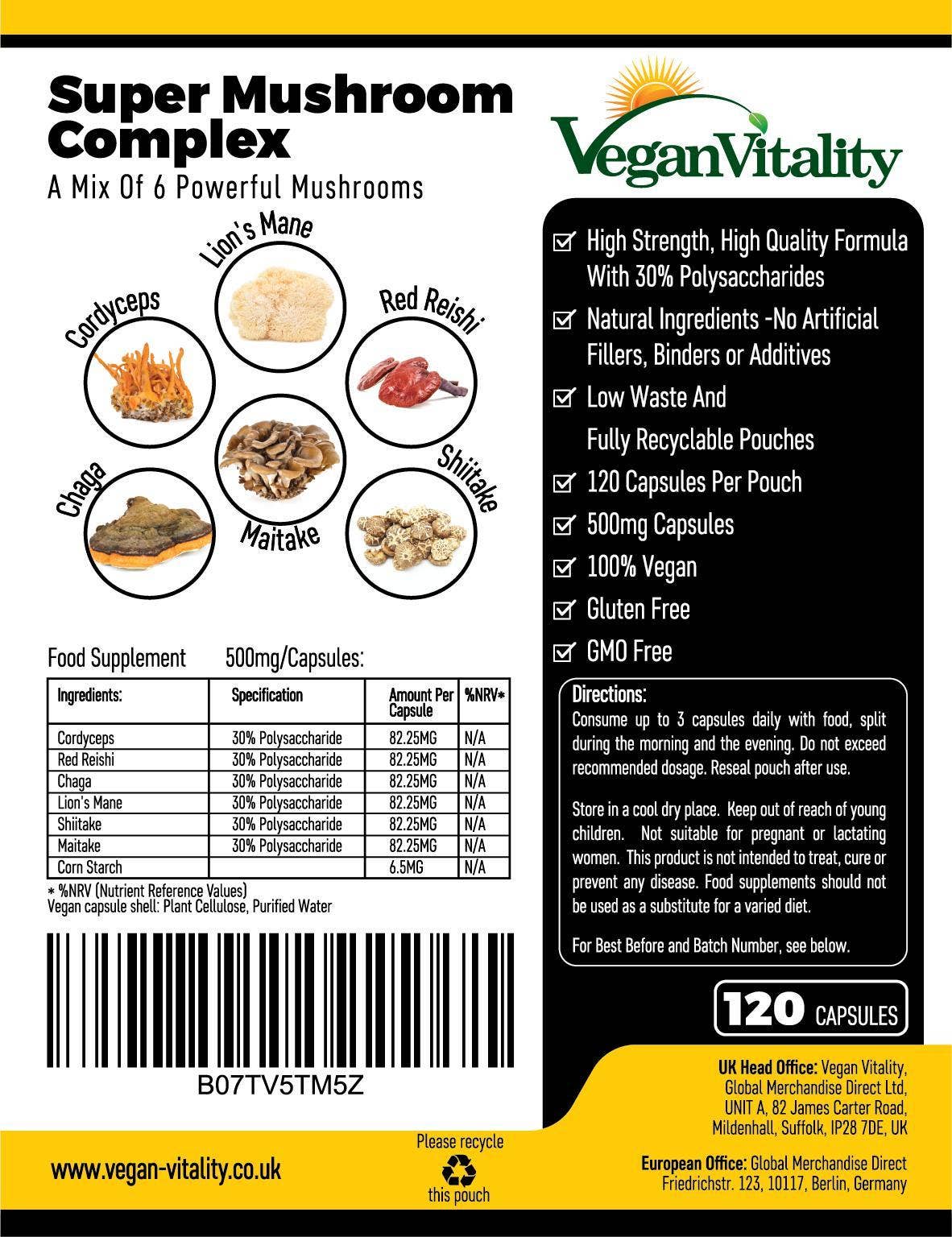 Vegan Vitality - Wholesale Oral Supplement/Vitamin - Super Mushroom Complex: A Formula Of 6 Powerful Mushrooms12