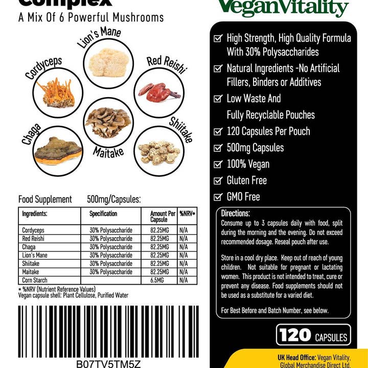 Vegan Vitality - Wholesale Oral Supplement/Vitamin - Super Mushroom Complex: A Formula Of 6 Powerful Mushrooms12