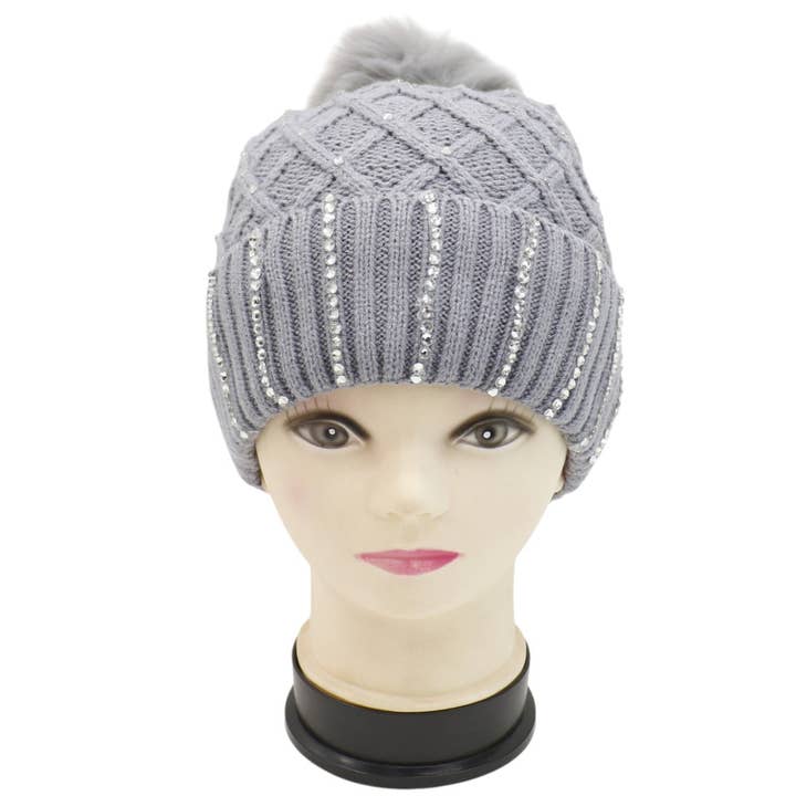 ASSORTED Pom Pom Knitted Beanie With Rhinestone HA4727-8 (12PC) for wholesale on Faire3