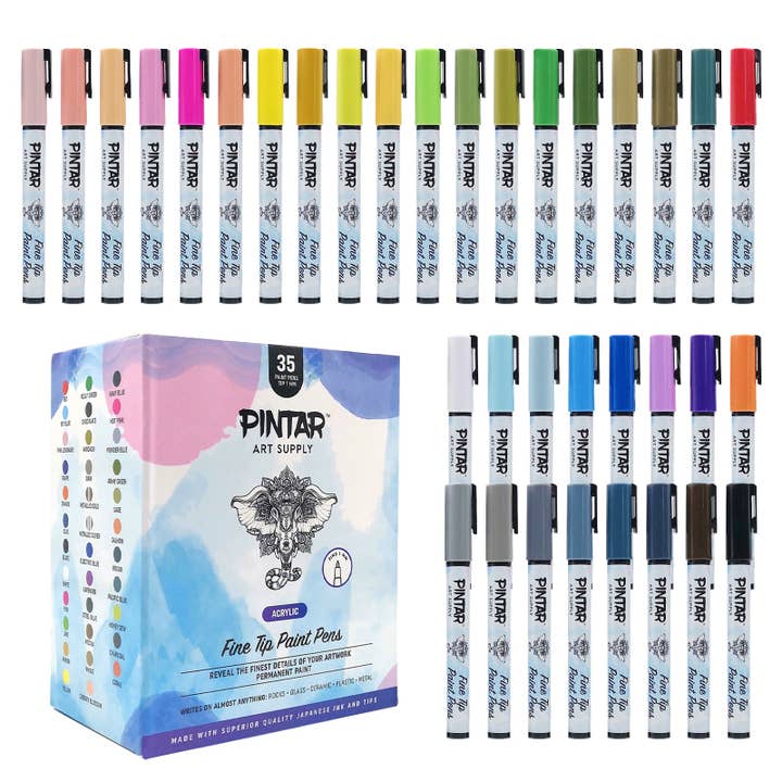 Pintar Art Supply - Wholesale Marker - PINTAR Premium Acrylic Paint Pens - 1mm Fine Tip Pens For Rock Painting, Ceramic Glass, Wood, Paper, Fabric & Porcelain, Water Resistant Paint Set, Surface Pen, Craft Supplies, DIY Project (35 colours)